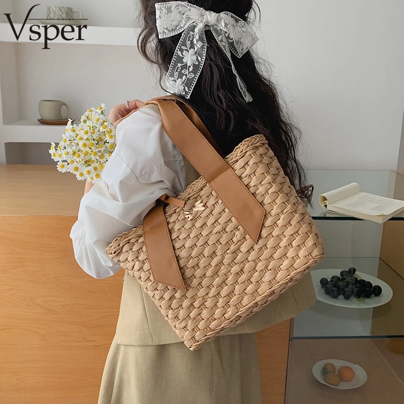 

Vsper 2026 New Summer Beach Basket Tote Bags For Women Straw Knitted Handmade Shoulder Bag Woven Design Luxury Designer Handbags