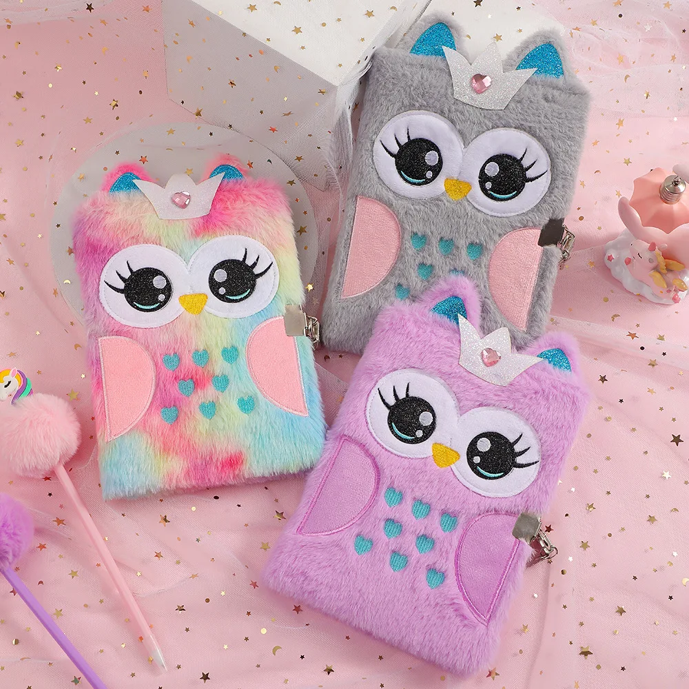 Cute Cartoon Little Princess Owl Notebook Soft Plsuh A5 Notebook for Girl Kawaiii Animal Diary Book With Lock School Stationery