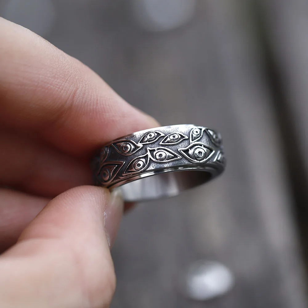 2022 NEW Men's 316L stainless-steel Rotatable rings Japanese Mythology Carved Eyes ring for teens fashion Jewelry  free shipping