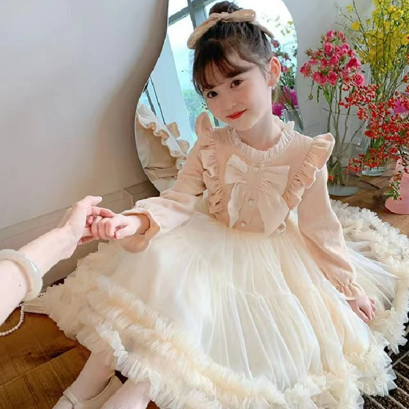 Autumn and Winter New Girl's Stylish Dress with Fleece Lining, Three-layer Puffy Tulle, Ruffle Edges, and Bow Princess Dress