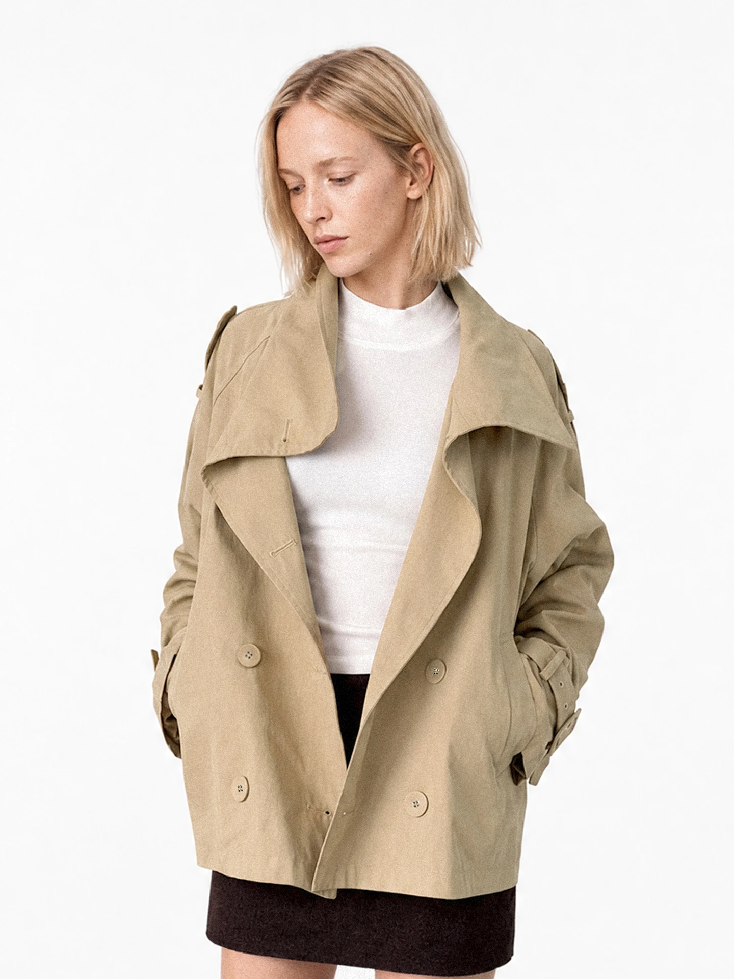 TDDP Classic Kaki Short Coat Jacket Women's Double Breasted Flip Collar Windproof Cotton Nylon Fiber Casual Autumn Outerwear