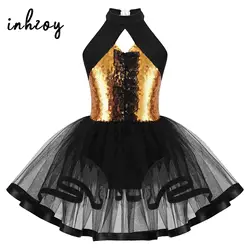 Kids Girls Shiny Sequined Dance Dress Tutu Ballet Gymnastics Leotards Halter Backless Modern Jazz Latin Dance Performance Outfit