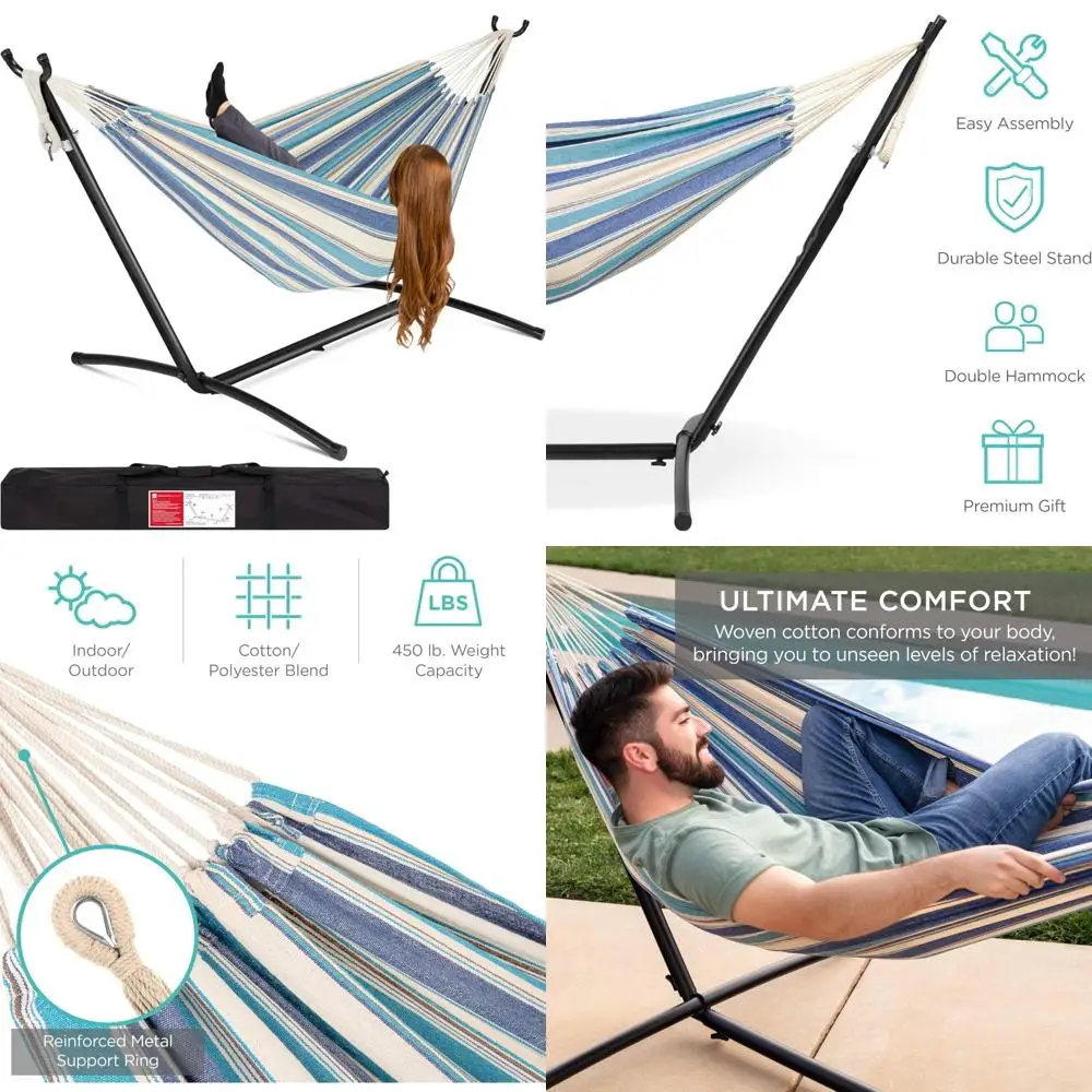 

2-Person Brazilian-Style Cotton Double Hammock with Steel Stand for Indoor and Outdoor Use, Portable and Comfortable with Carryi