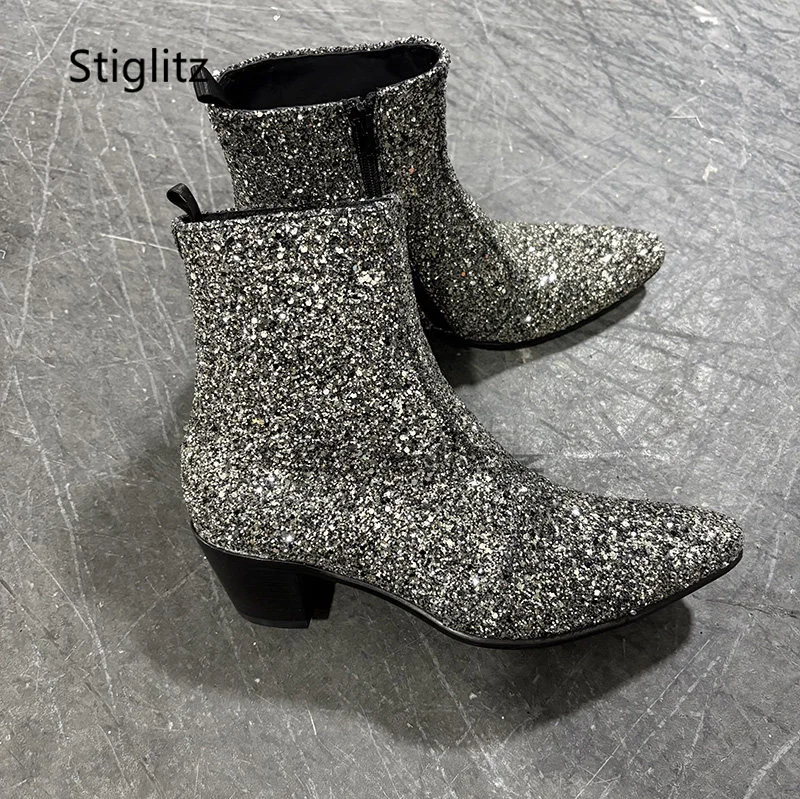 Sequined High Heels Chelsea Boots for Men Bling Bling Luxury Pointed Toe Side Zip 6Cm Cowhide Ankle Boots Party Wedding Shoes