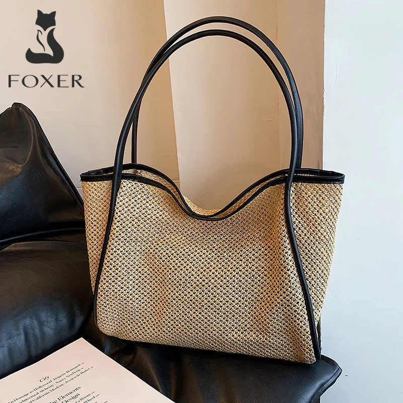 FOXER Woven Tote Bag Women's Large Capacity Handbag 2026 Summer New Shoulder Bag Female Vacation Beach Underarm Bag Hoting