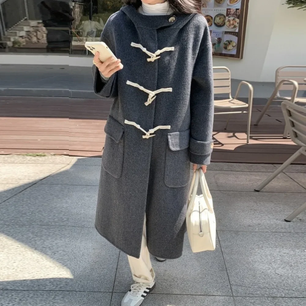 New Loose Horn Button Hooded Fashion Long Sleeve Real Woolen Coat Warm Outerwear Autumn Winter Double-sided Woolen Coat Women