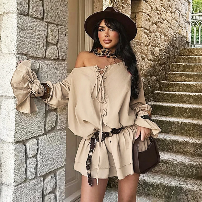 

Ticketsx Retro Ruffled Dress Women Solid Off-the-Shoulder Backless Pleated Lace-up Sexy Dress Fashiona Fall Party Vacation Dress