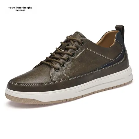 2025 Spring Increase Shoes 6CM Men's Casual Shoes Leather Breathable Invisible Inner Increase Black Fashion Trend Leather Shoes