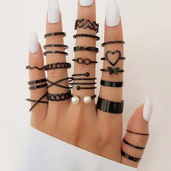 IFMIA Punk Black Butterfly Rings Set for Women Vintage Geometric Metal Cross Heart Rings Set 2023 Fashion Trend Jewelry Gifts