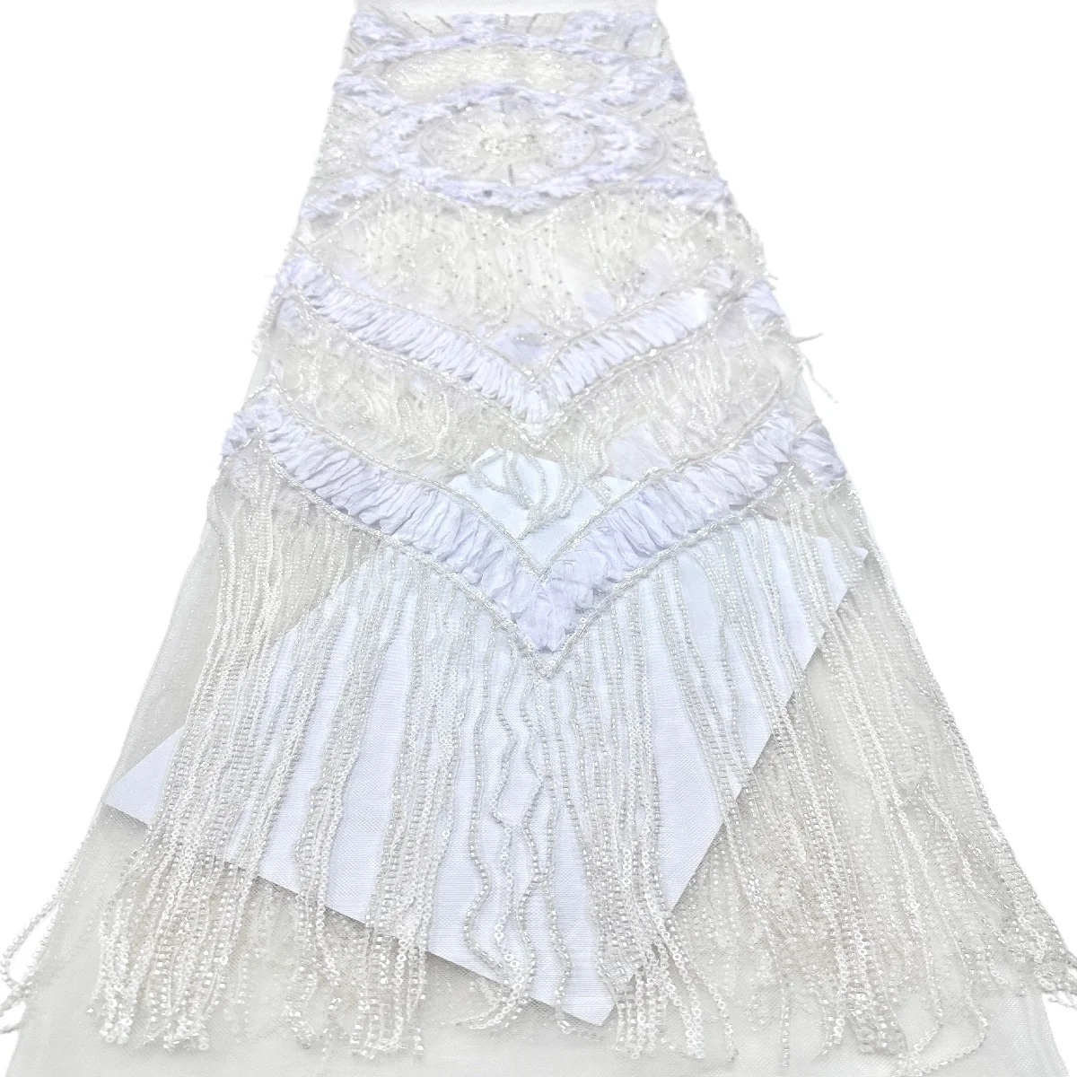 Heavy Beaded Tassel Fringe Lace Fabric, Sky Blue Rhinestone Embroidery Tulle for Bridal Gown Evening Dress