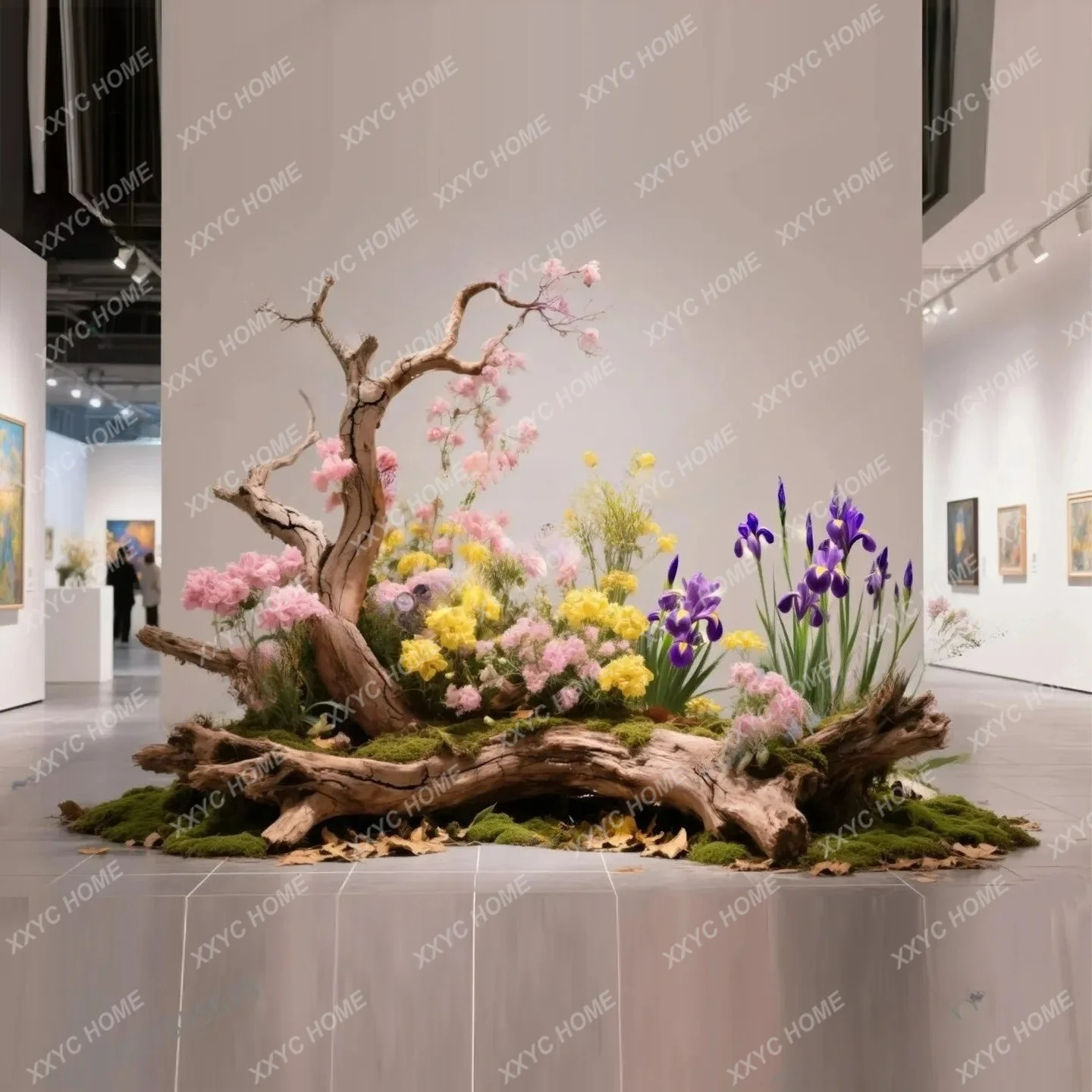 Dead wood meets spring, large wooden pile floral installation, atmosphere scene arrangement restaurant hotel