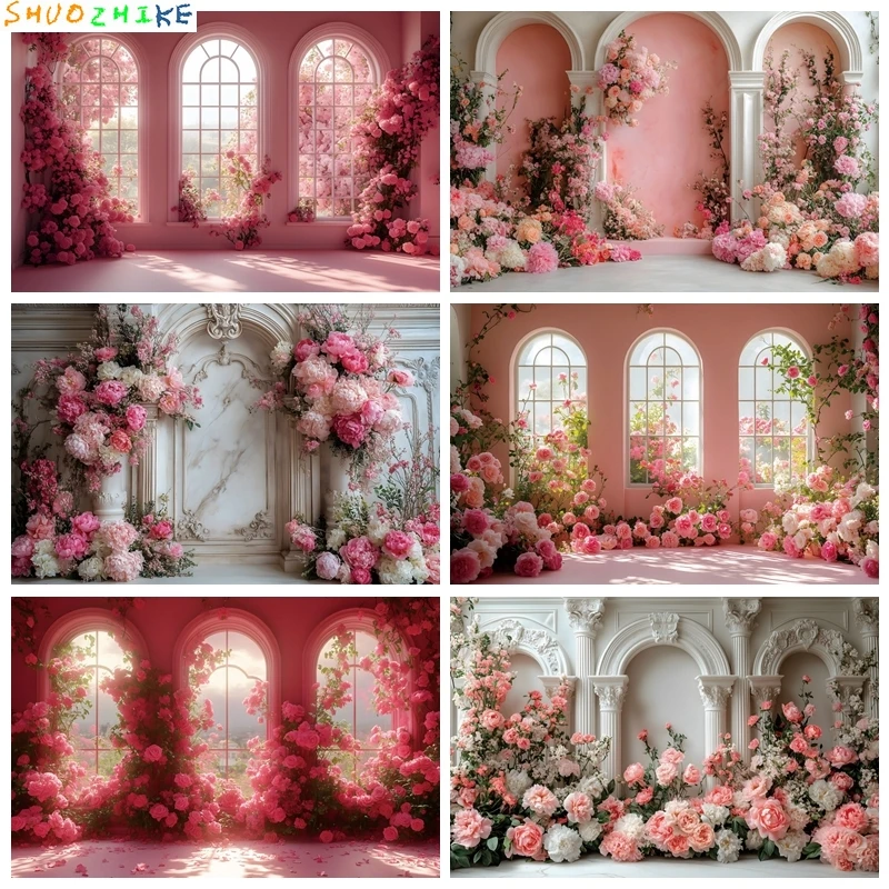 

Romantic Pink European Style Photography Backdrop Arched Windows Flowers Falling Proposal Party Decor Photography Studio