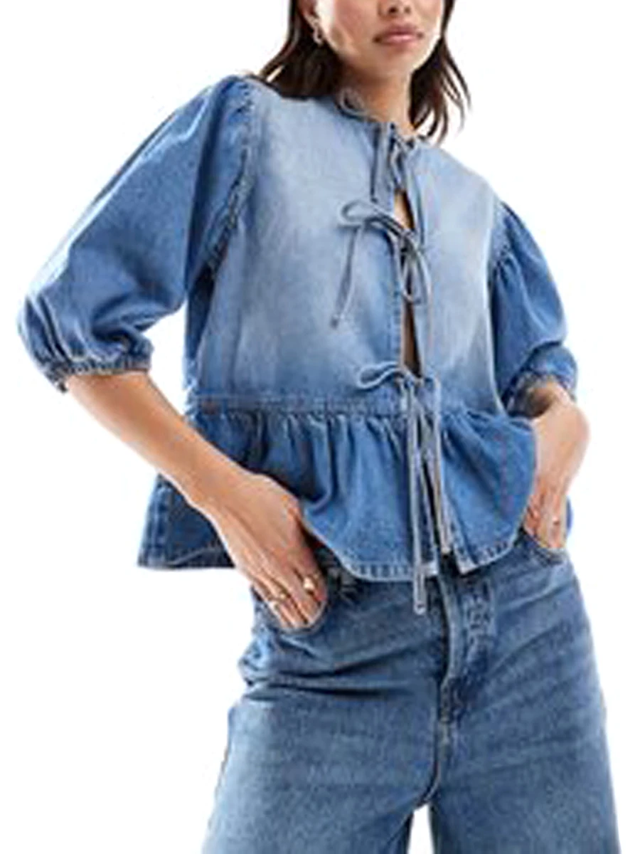 Women\'s Puff Sleeve Denim Blouse with Tie Front Round Neck Ruffle Hem Tops for Summer Streetwear