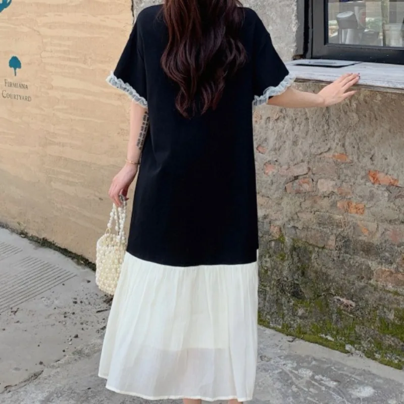 夏の新しい女性の裏地ドレス黒レース半袖 Tシャツドレススプライシングマキシフィッシュテールドレス女性服