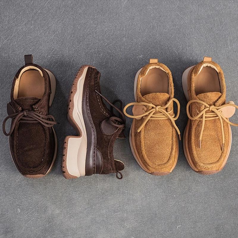 Genuine Leather Women's Thick-Soled Sneakers - Comfortable Lace-Up