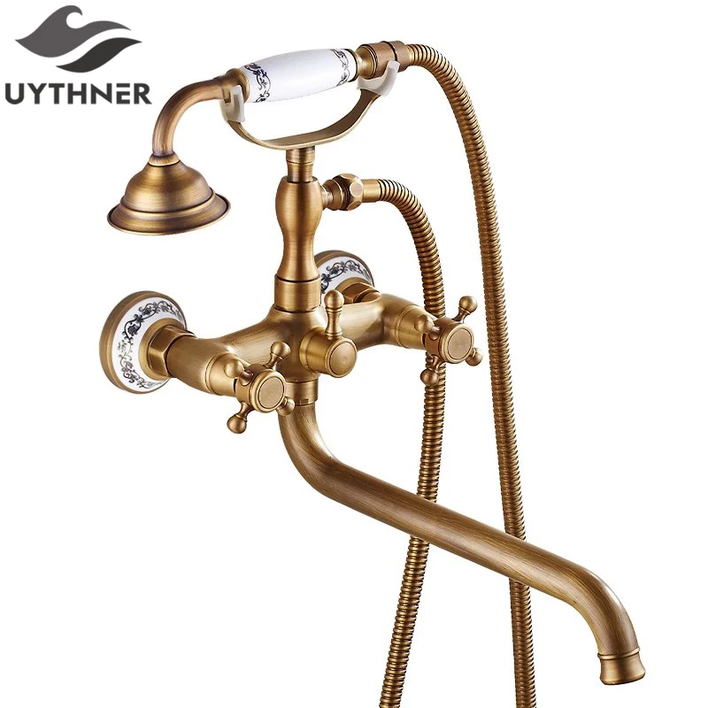 

Antique Brass Tub Faucet Bathroom Shower Faucet Wall Mounted Dual Handle 24cm Rotating Spout Mixer Shower Tap For Bathtub