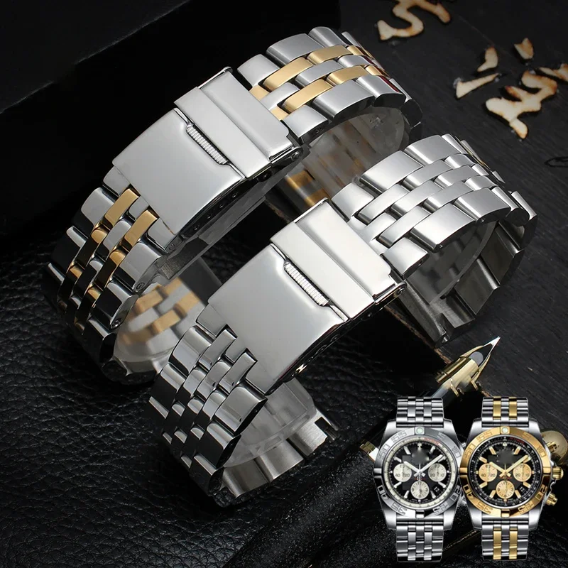 

22mm 24mm High Quality Stainless Steel Watchband For Breitling Watch Strap Silver Gold Men Bracelet Push-Button Hidden Clasp