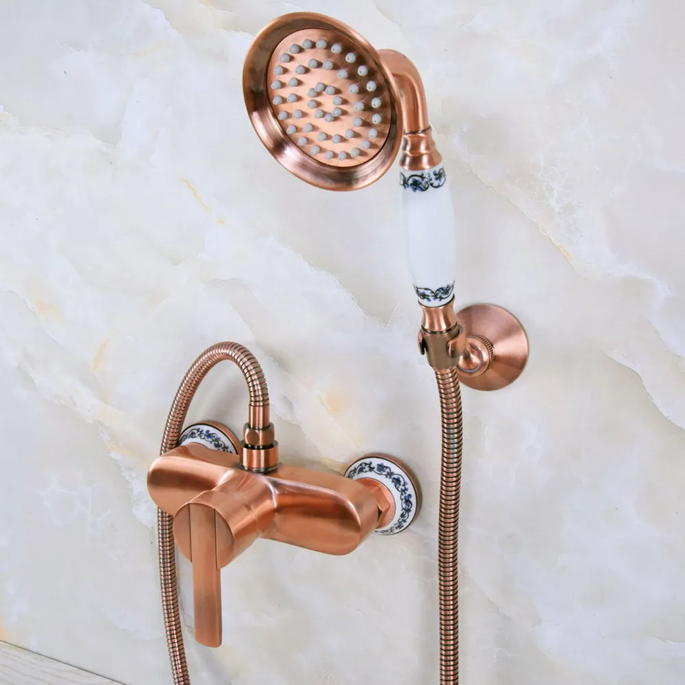 

Antique Red Copper Wall Mounted Bathroom Shower Faucet Set with 150CM Hose Handheld Spray Head Mixer Tap Dna288