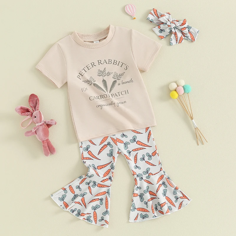 Children s Easter Clothing Set with Short Sleeve T-Shirts Carrot Print Pants and Matching Headband for Spring Celebrations