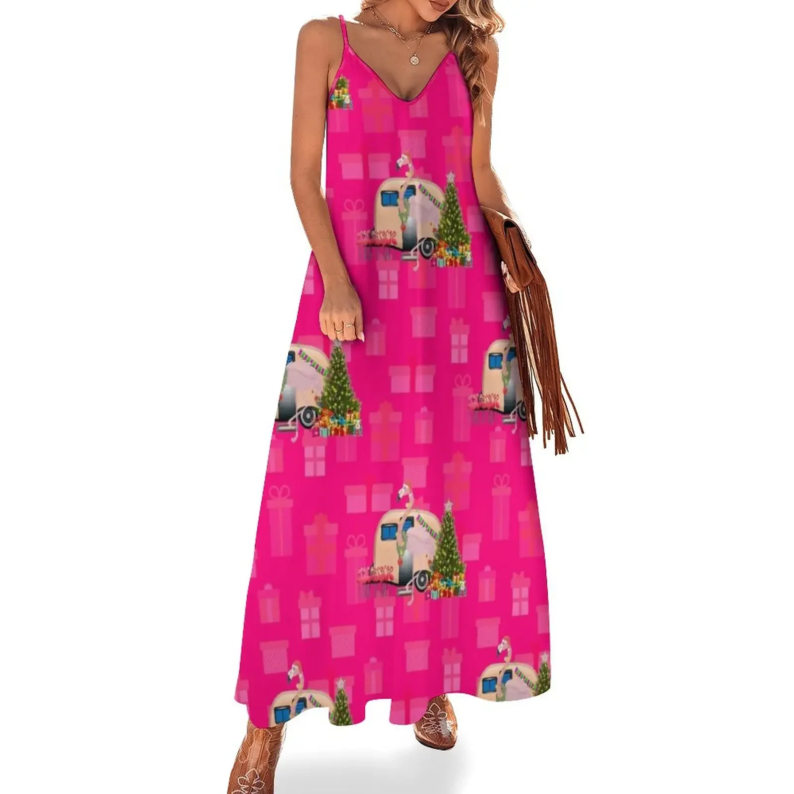 

ugly christmas flamingo trailer xmas Sleeveless Dress women dress clothes for woman