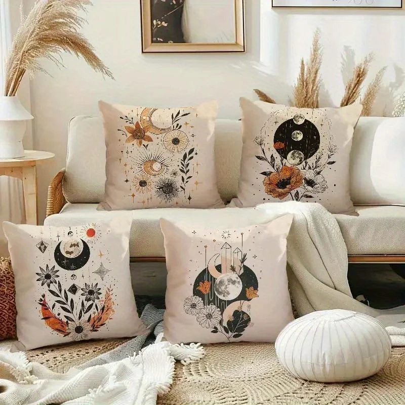 4Pcs Boho Moon Phase Cushion Covers Celestial Star Wild Floral Botanical Neutral Beige Base Print Pillow Cases For Sofa Witchy B