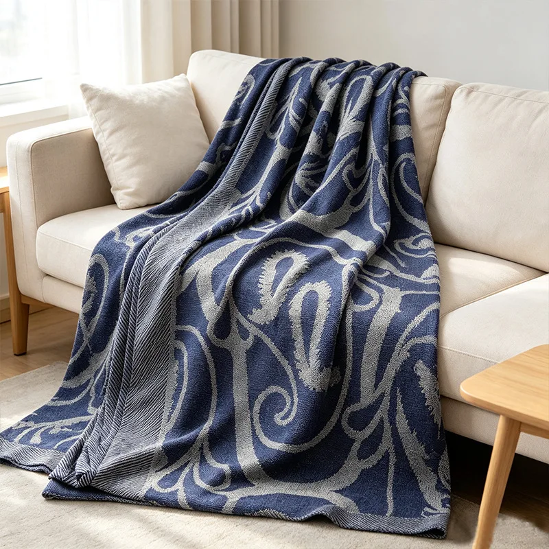 Home Vintage Blanket Navy Blue Double-sided Jacquard Woven Sofa Throw Blanket Travel Outdoor Beach Nap Warm Blanket for Beds