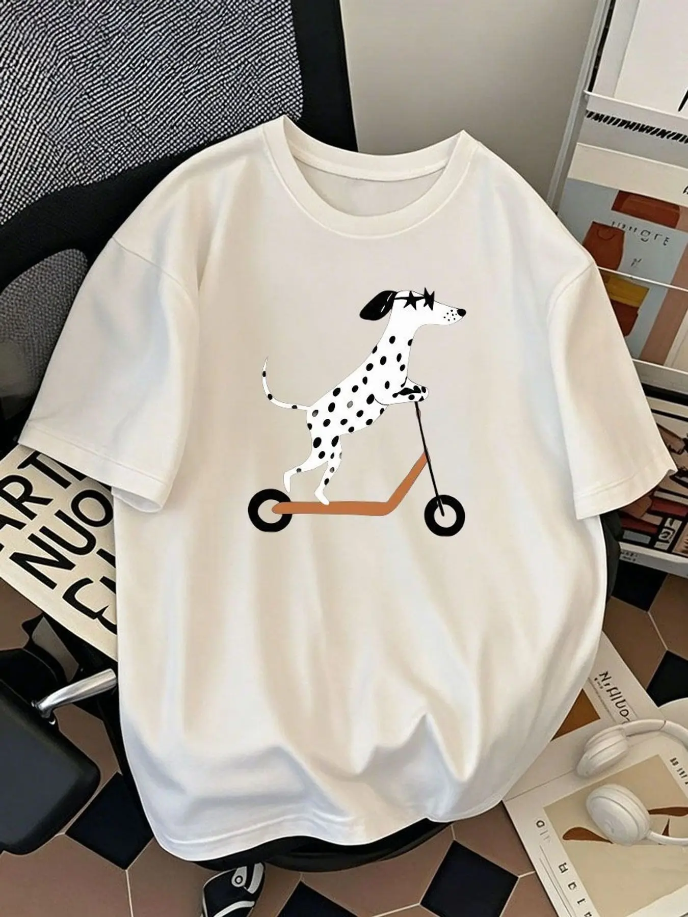 Cute Dalmatian Dog Riding Scooter Graphic T Shirt Women Fashion Stretchy Casual Short Sleeve Oversized Plus Size Cotton Soft Summer Tee Top