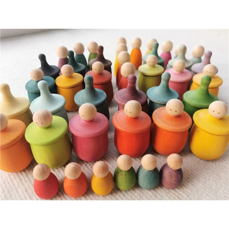 Rainbow Beech Little Thing Toys Handmade Wooden Cup Figure Gyro Game Color Sorting Peg Dolls for Kids