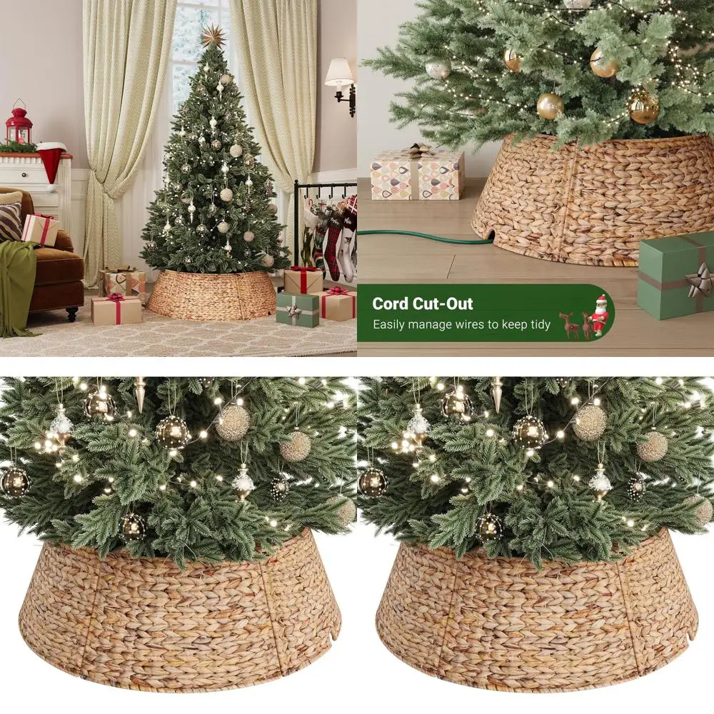 

33 Woven Rattan Christmas Tree Skirt, 6-Piece Hyacinth Style Cover for Artificial Trees, Natural Wicker Base with Cord Cut-Out f