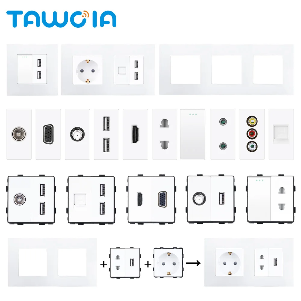 TAWOIA DIY TV Satellite USB PC RJ45 Jack CAT6 TEL HDMI VGA Earphone 2pin Socket Button Switch