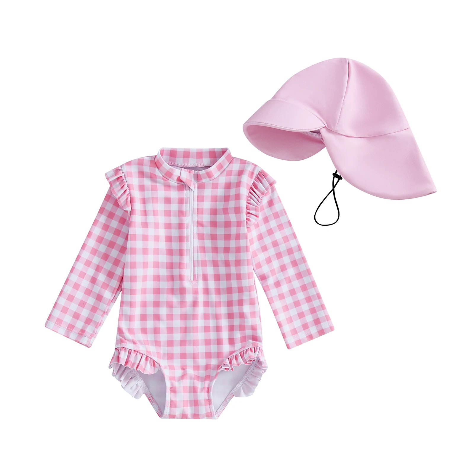 Toddler Girls Rash Guard Swimsuit with Hat 2 Pcs Set Plaid Pattern Zip Up Long Sleeve Crew Neck Baby Girls Swimwears