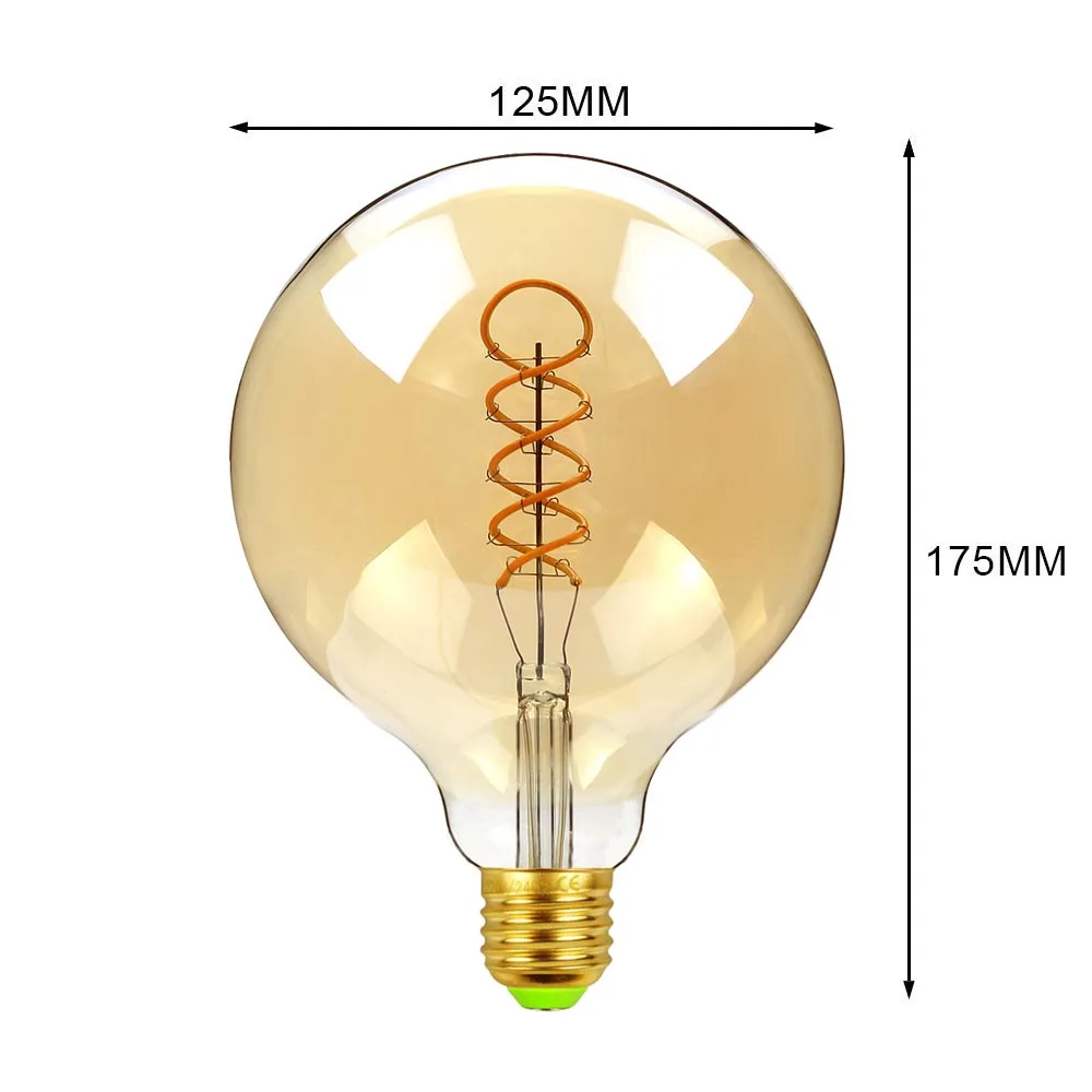 TIANFAN Vintage Led Bulb Spiral/Squirrel Cage Filament Big Globe G125 4W Dimmable 110V 220V Amber Edsion Style Decorative Bulb