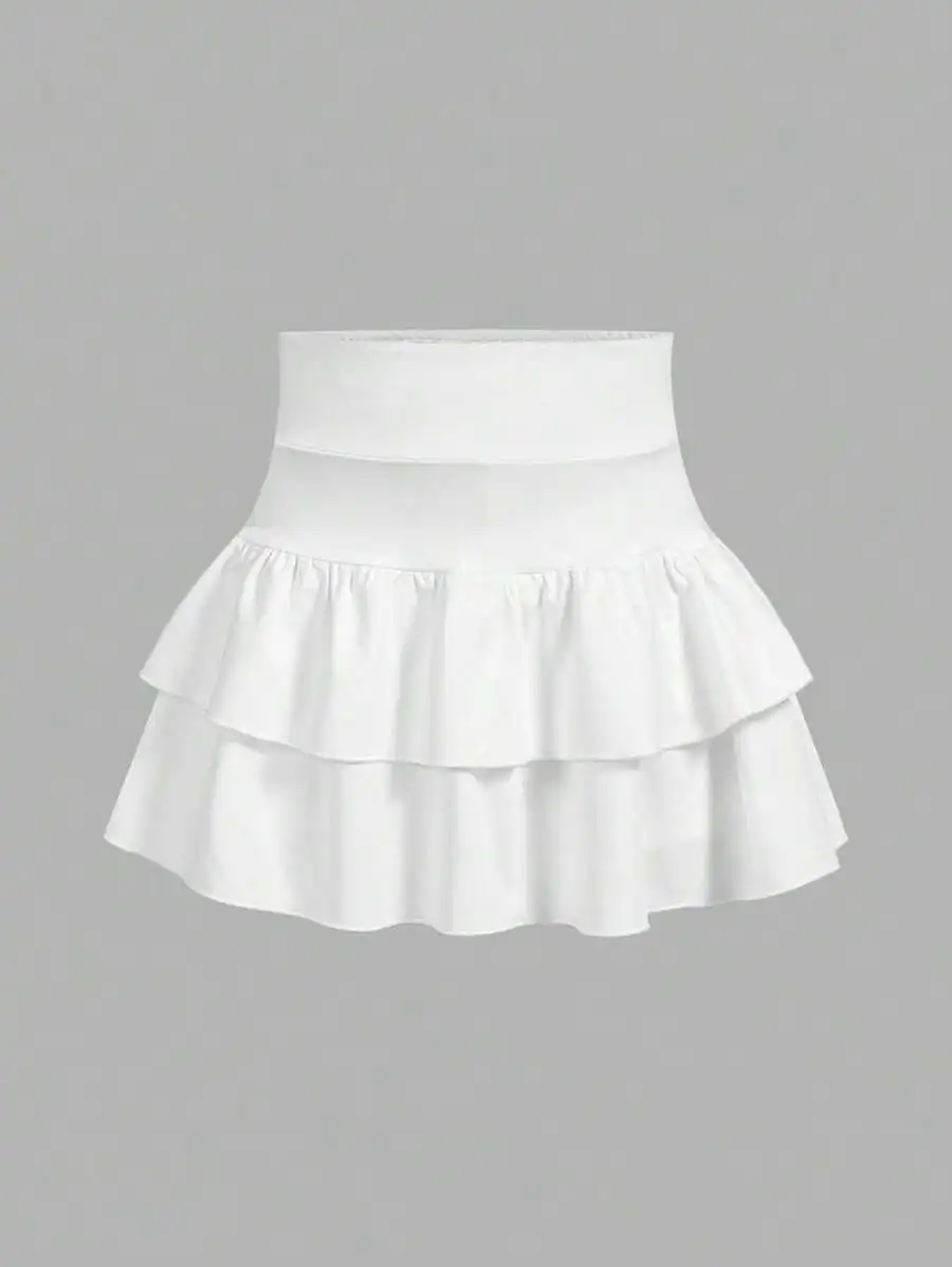 

White Tiered Ruffle Mini Skirt with High Waistband for Casual Wear
