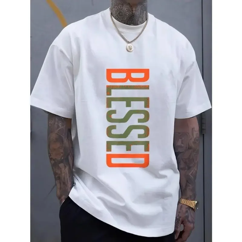Men's Tee Men's Plus Size BLESSED 3D Printed T-Shirt - Bold Geometric Lettering, Breathable Comfort Fit, Unisex T-shirts