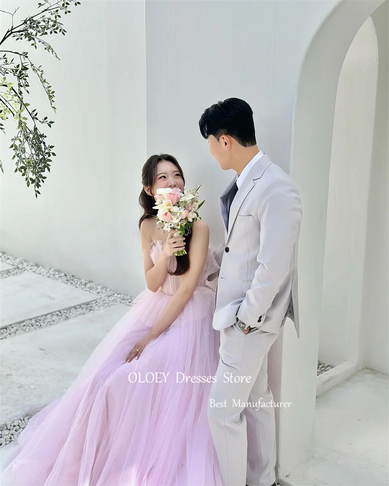 Oloey Fee Roze Tule Lange Prom Jurken Korea Fotoshoot Strapless Vloer Lengte Avondjurken Bruiloft Fotoshoot Korset Terug