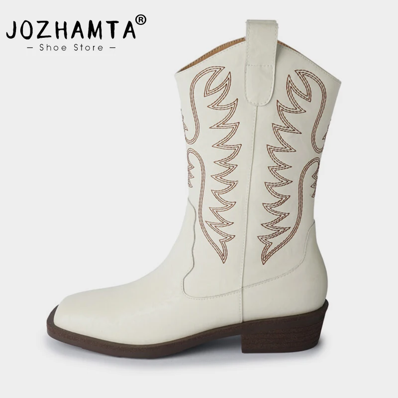 

JOZHAMTA Size 34-40 Western Cowboy Boots For Women Vinatge Embroidery Chunky Heel Shoes Winter 2025 Cowgirls Country Daily Dress