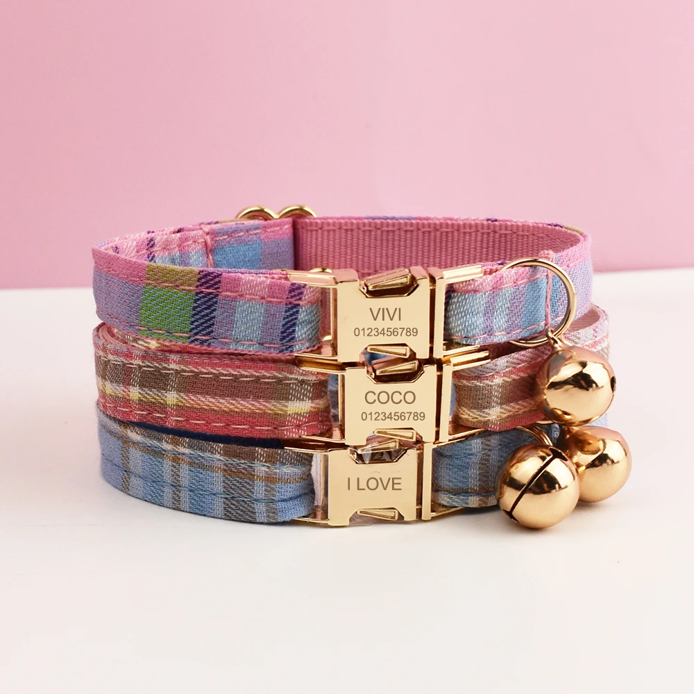 Plaid Pattern Cat Collar Bowknot Adjustable Safety Personalized pet collar Customized Name Soft Collar
