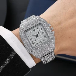 New Fashion Luxury Large Square Diamond-studded Star Men's Watch Steel Strap Quartz Watch for Get-together Party