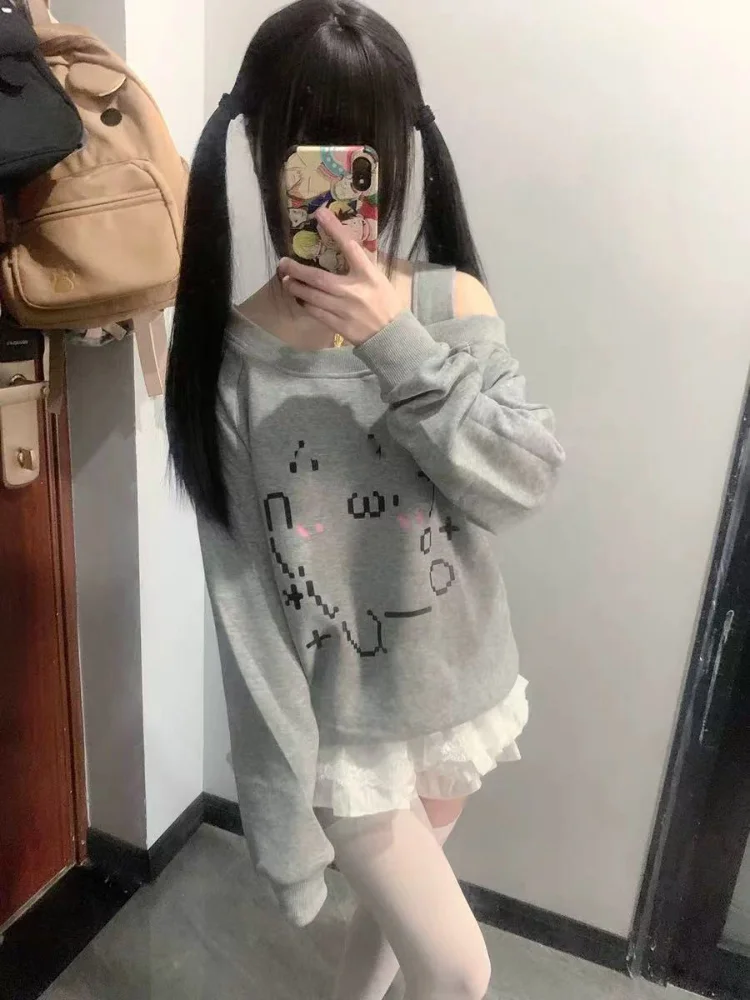 Japanese Sweet Cartoon Print Off Shoulder Sweatshirt Women Cute Long Sleeve Slim Tops Simple Y2k Aesthetic Anime Hoodie