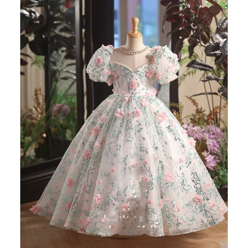 

Children's dress flower girl birthday three-dimensional flower princess beautiful high sense girl host piano performance suit