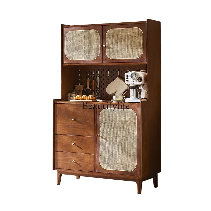 Japanese-style solid wood rattan dining side cabinet double layer with drawers wabi-sabi retro locker