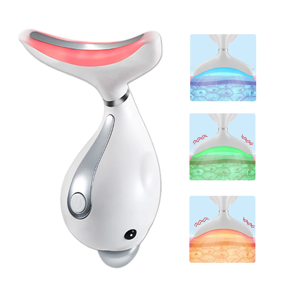 LED Photon Therapy Neck and Face Lifting Anti-aging Skin Tighten Device 45℃ Heat High Frequency Vibrate