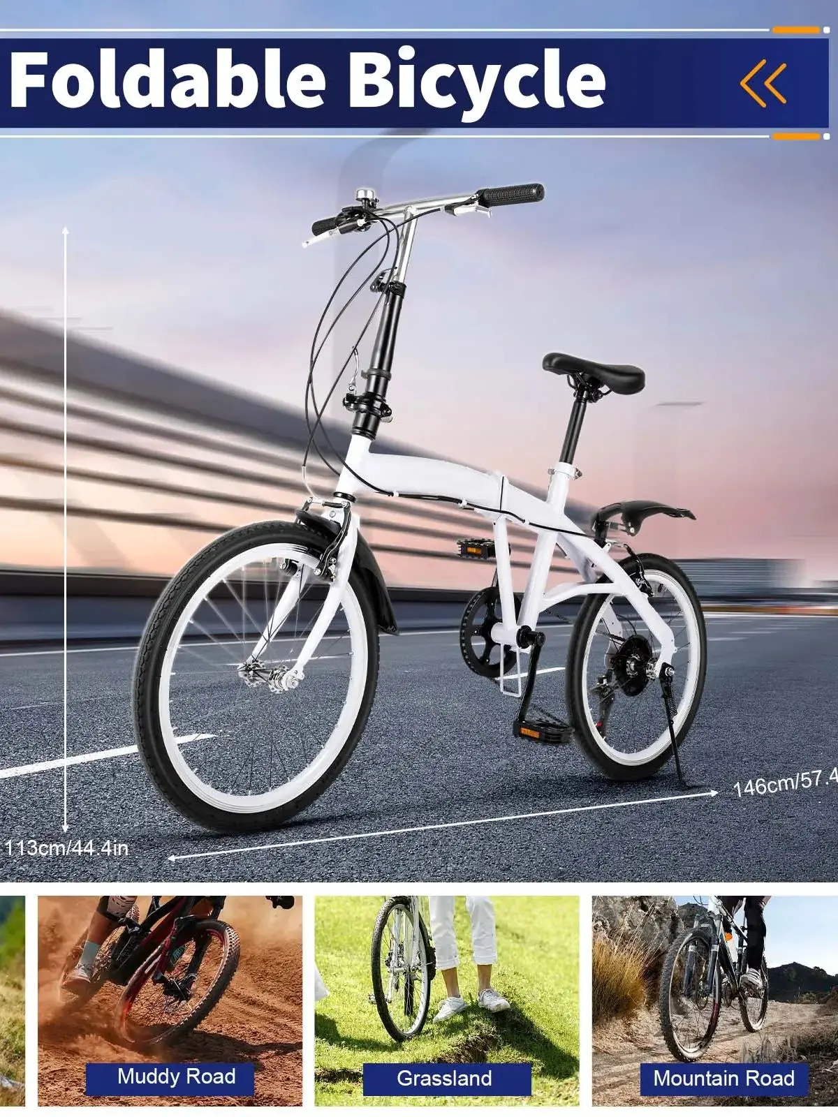 AliExpress NONE 20in Adjustable Foldable Bike, 6-Speed Portable Bicycle for 4.6-6.2ft Riders, 90kg Load Shock Absorption for All Terrain