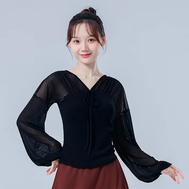 Classical Dance Tops Women Lantern Long Sleeve Spliced Sheer Shirt Yoga Training Top Trendy Blouse Stage Latin Ballet Dancewear