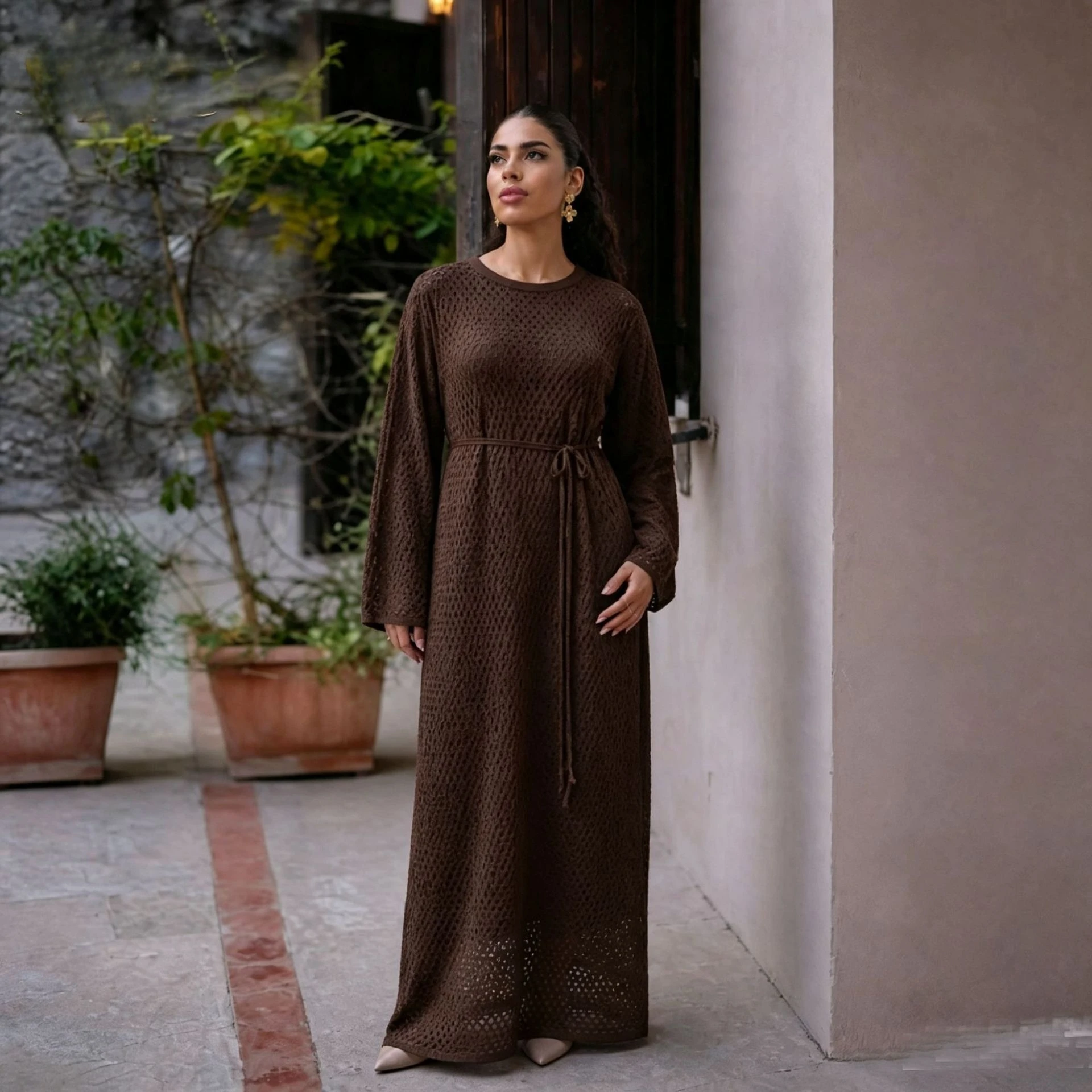 Dress Women Eid Muslim Abaya Dresses 2 Piece Set Hollow Out Jalabiya Lace Up Kaftan Ramadan Dubai Vestidos Morocco Long Robe