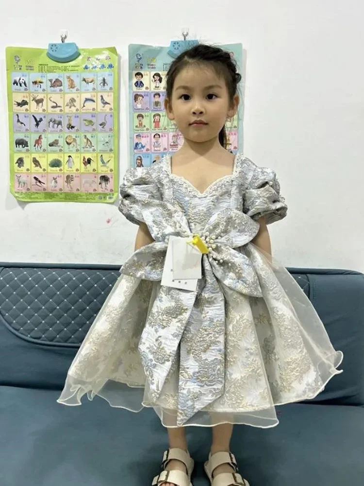 Girls Spanish Floral Pearls Ball Gown Baby Lolita Princess Dresses Infant Birthday Christening Dress Girl Boutique Clothes A1354