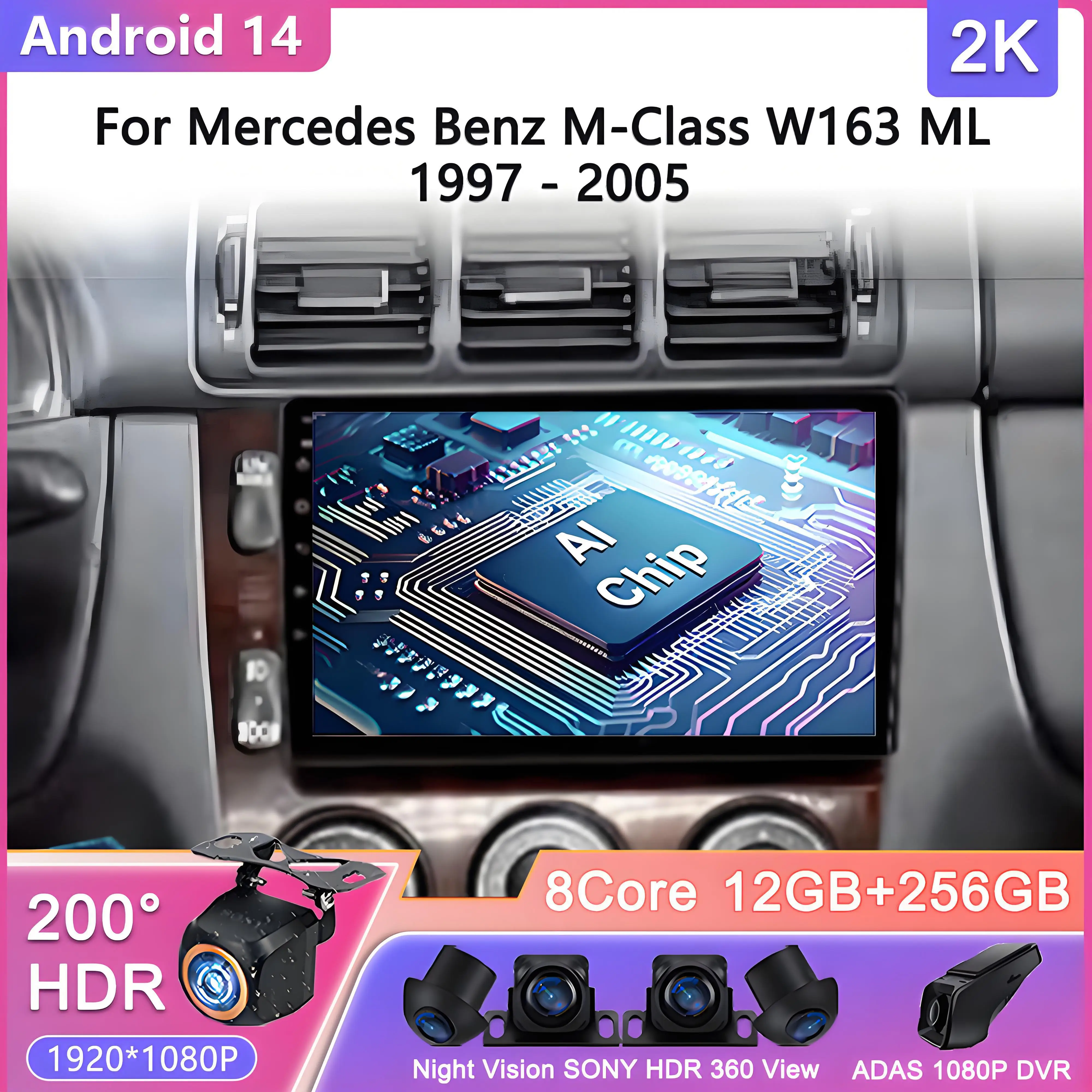

Автомобильный радиоприемник Android 14 для Mercedes Benz M-Class W163 ML 1997-2005, навигационный мультимедийный плеер, стерео Wi-Fi + 4G видео Carplay BT