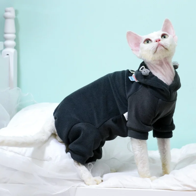 Fleece 4-legged Soft Sweater for Sphynx Cat Winter thick Warm Hooded Red Green Sweatshirt for Kittens Devon Rex coat in Autumn - Image 6