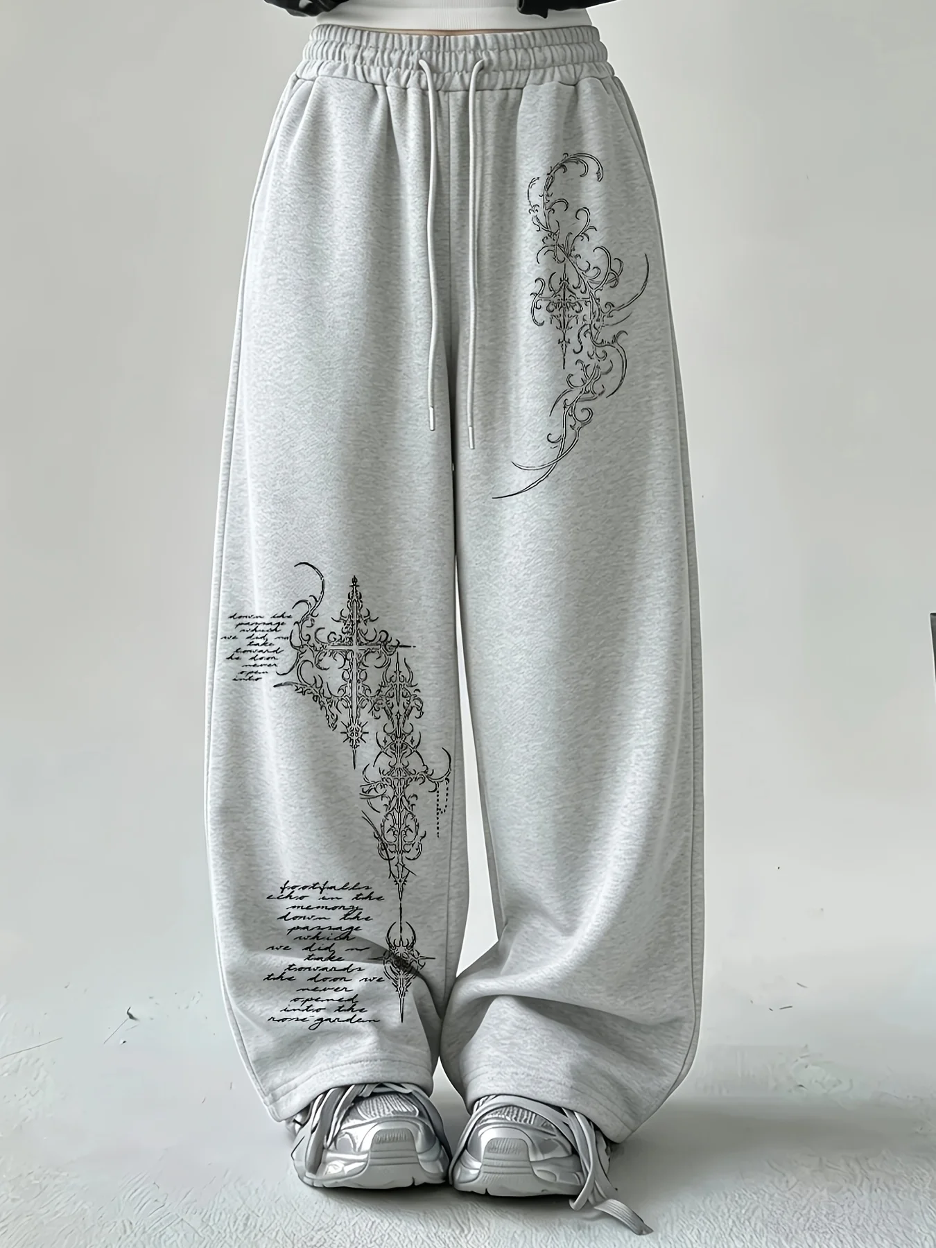 Autumn Women's Plus Size Gothic Pattern Cross Print Pants Fleece Elastic Waist Straight Leg Sweatpants Fashionable and Versatile