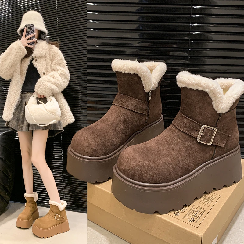 

2025 Winter Women Snow Boots Platform Buckle Design Outdoor Fashion Warm Fur Ankle Boot High Quality Casual Plush boot